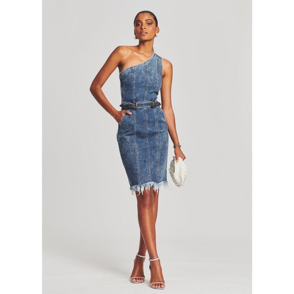 Retrofête Giorgio One-Shoulder Short Belted Denim Dress size small